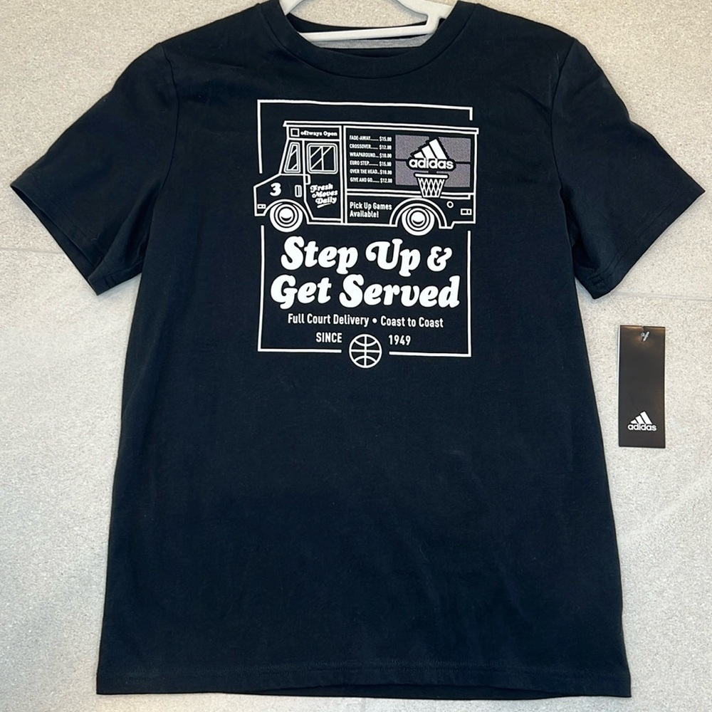 Adidas "Step Up & Get Served" Basketball Black Short Sleeve The Go To Tee! NWT